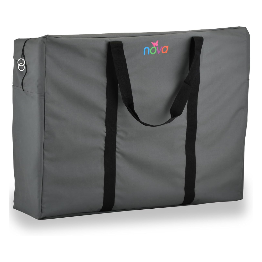 The NOVA XL Storage Travel Bag for Mobility Aids is a large gray bag with black handles and a colorful nova logo on the front, shown standing upright against a white background.